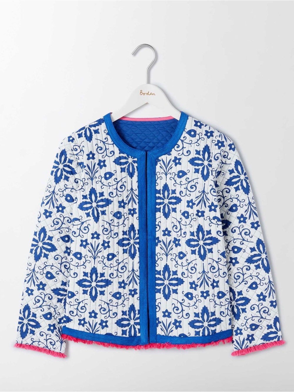 BODEN Floral Ariana Quilted Jacket Fringe Trim Open Front Blue White Pink 6